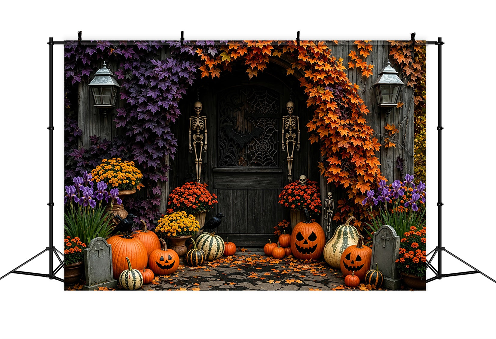 Fall Halloween Backdrop Skeleton Pumpkin Floral Doorway Scary Halloween Backdrops UK ZTT67-37