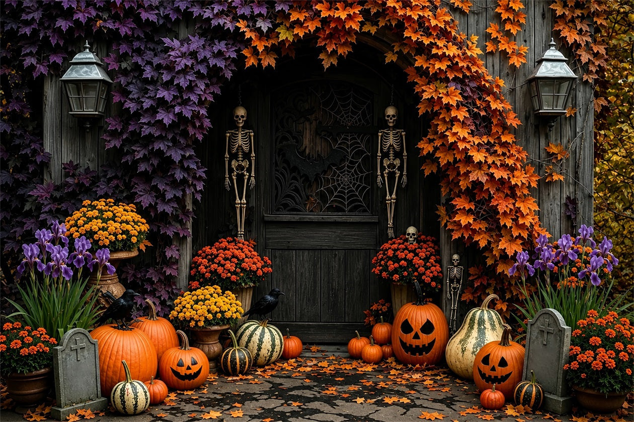 Fall Halloween Backdrop Skeleton Pumpkin Floral Doorway Scary Halloween Backdrops UK ZTT67-37