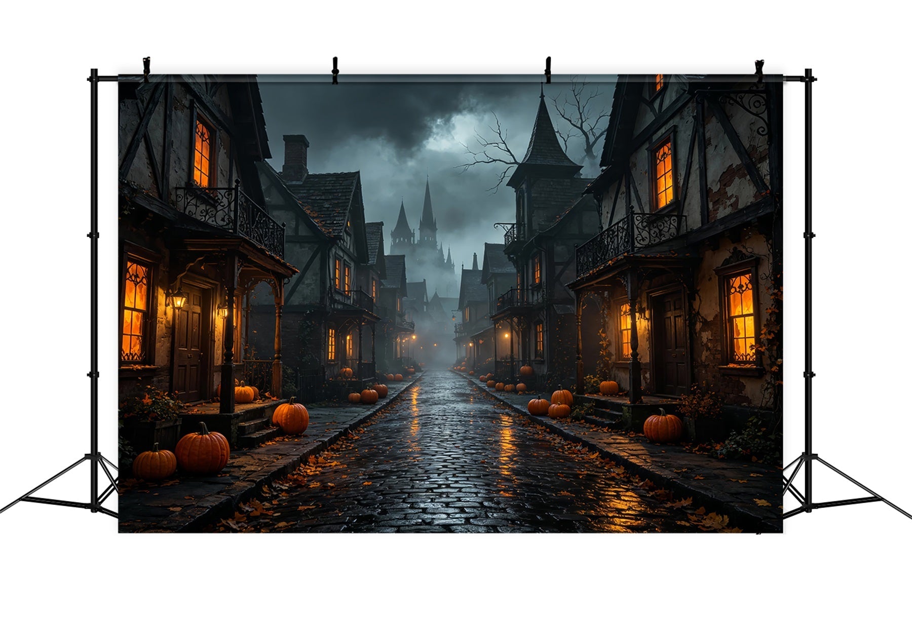Halloween Cardboard Backdrops Foggy Pumpkin Village Street Halloween Photography Backdrop UK ZTT67-39