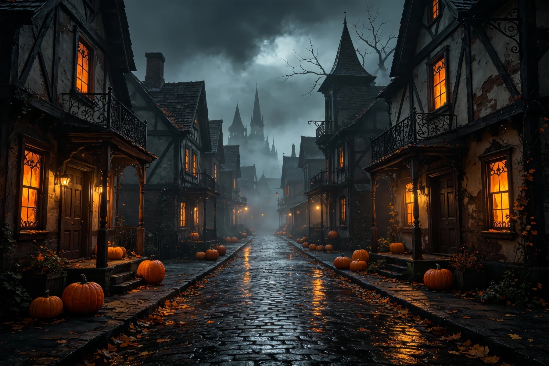 Halloween Cardboard Backdrops Foggy Pumpkin Village Street Halloween Photography Backdrop UK ZTT67-39