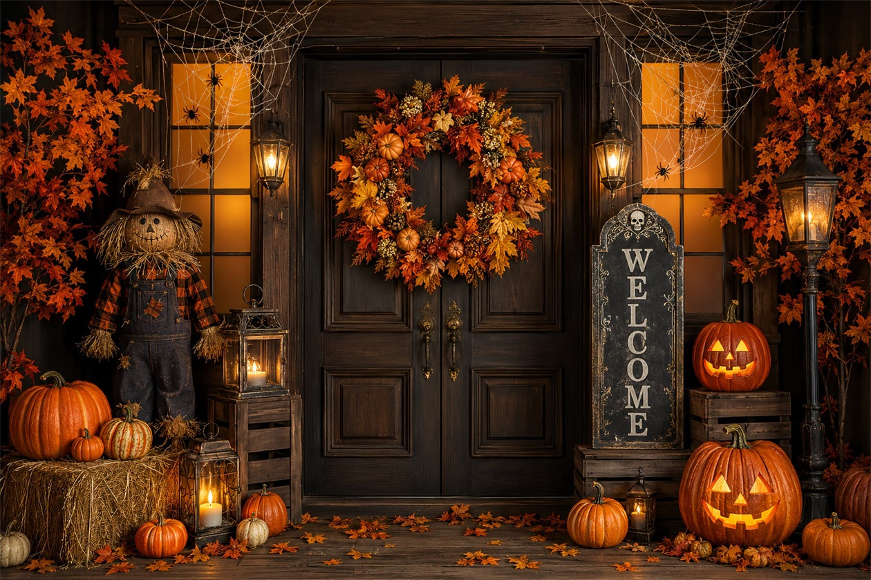 Halloween Backdrop Photo Booth Pumpkin Wreath Scarecrow Porch Backdrops Halloween UK ZTT67-4