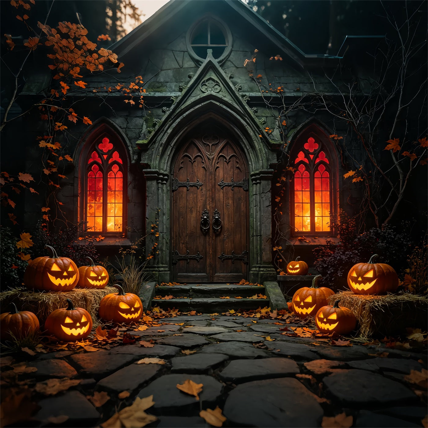 Halloween Backdrop Outdoor Gothic Pumpkin Chapel Entrance Photo Backdrop Halloween UK ZTT67-41