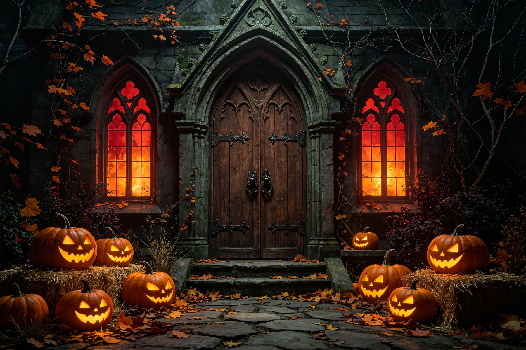 Halloween Backdrop Outdoor Gothic Pumpkin Chapel Entrance Photo Backdrop Halloween UK ZTT67-41