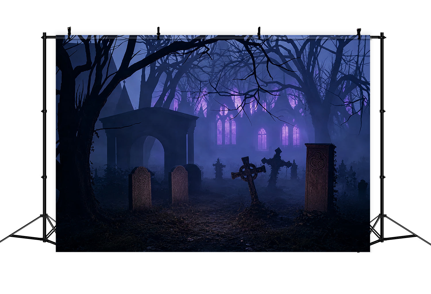 Halloween Graveyard Backdrops Foggy Purple Graveyard Ruins Photo Booth Halloween Backdrop UK ZTT67-42