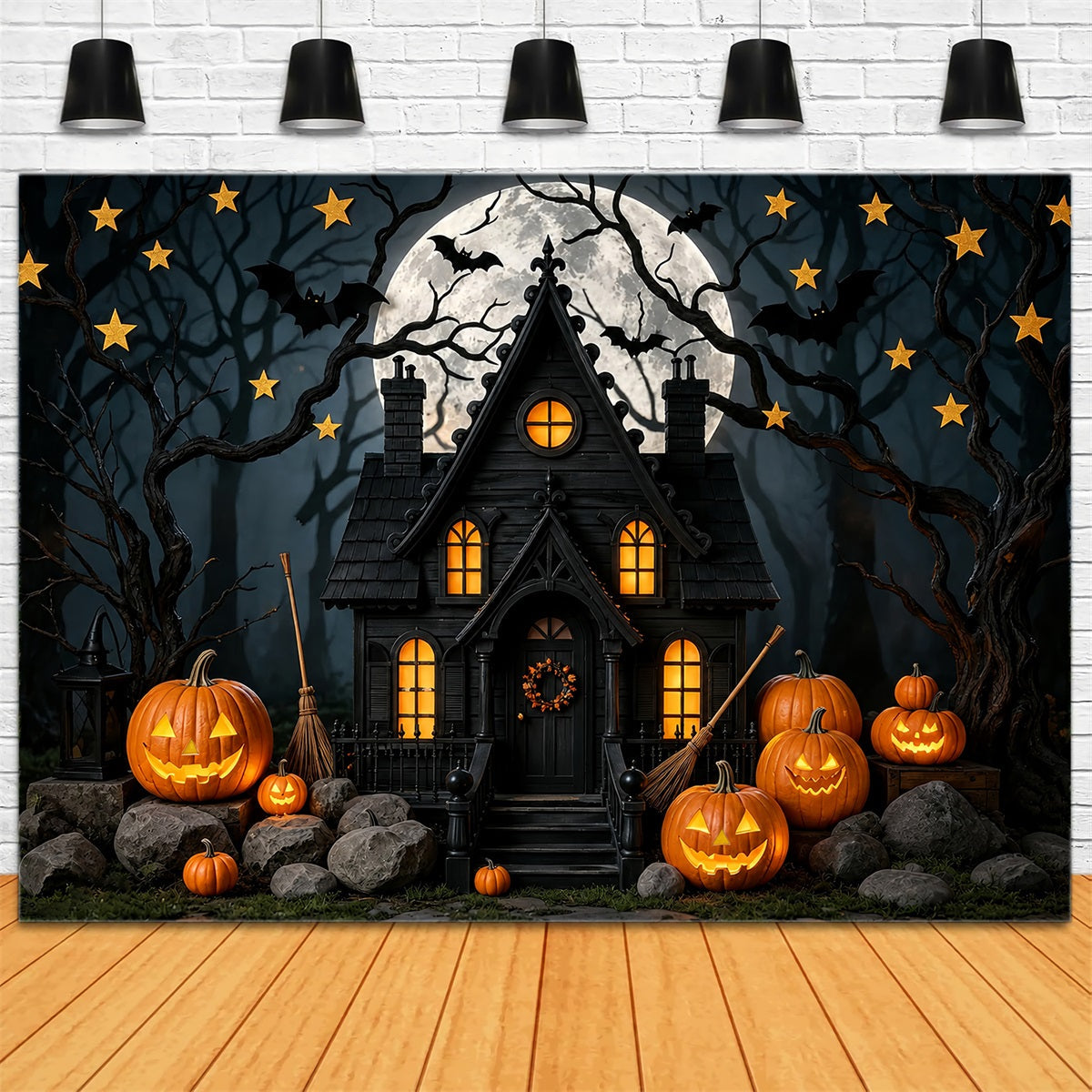Halloween Backdrop For Photo Booth Moonlit Pumpkin Haunted Cottage Cute Halloween Backdrop UK ZTT67-43