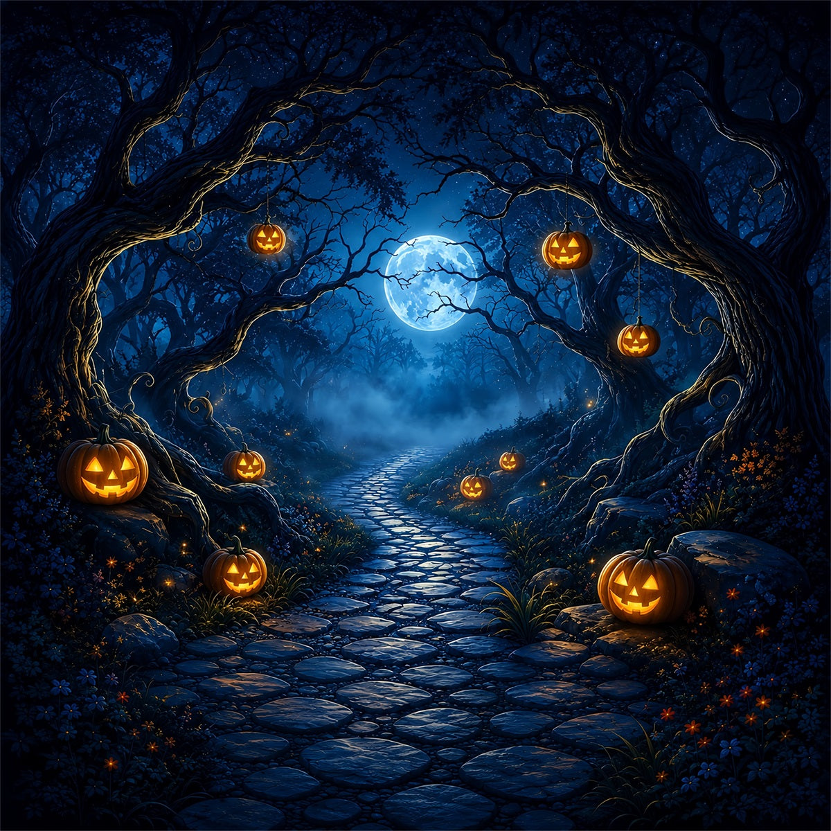 Halloween Spooky Backdrop Moonlit Pumpkin Forest Path Spooky Halloween Backdrops UK ZTT67-44
