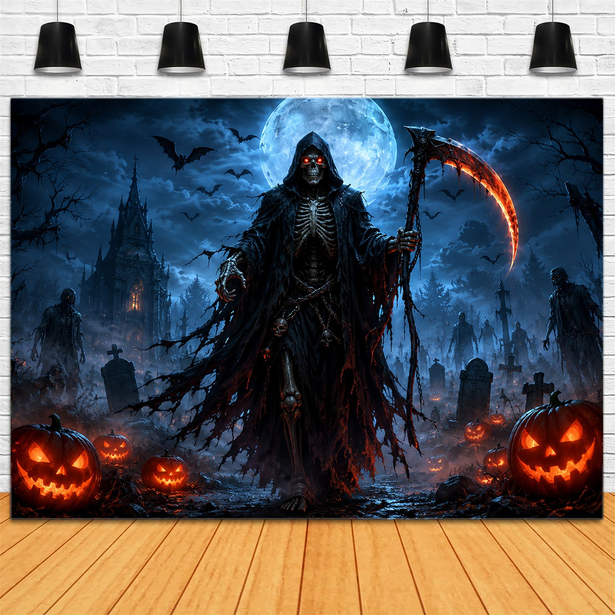 Halloween Garage Backdrop Moonlit Reaper Pumpkin Graveyard Backdrops For Halloween UK ZTT67-45