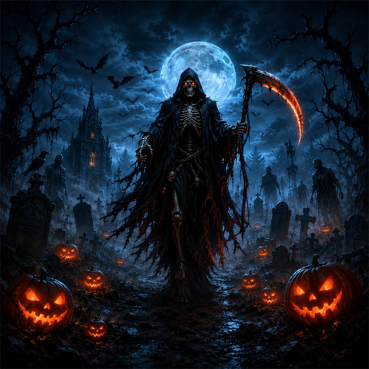Halloween Garage Backdrop Moonlit Reaper Pumpkin Graveyard Backdrops For Halloween UK ZTT67-45