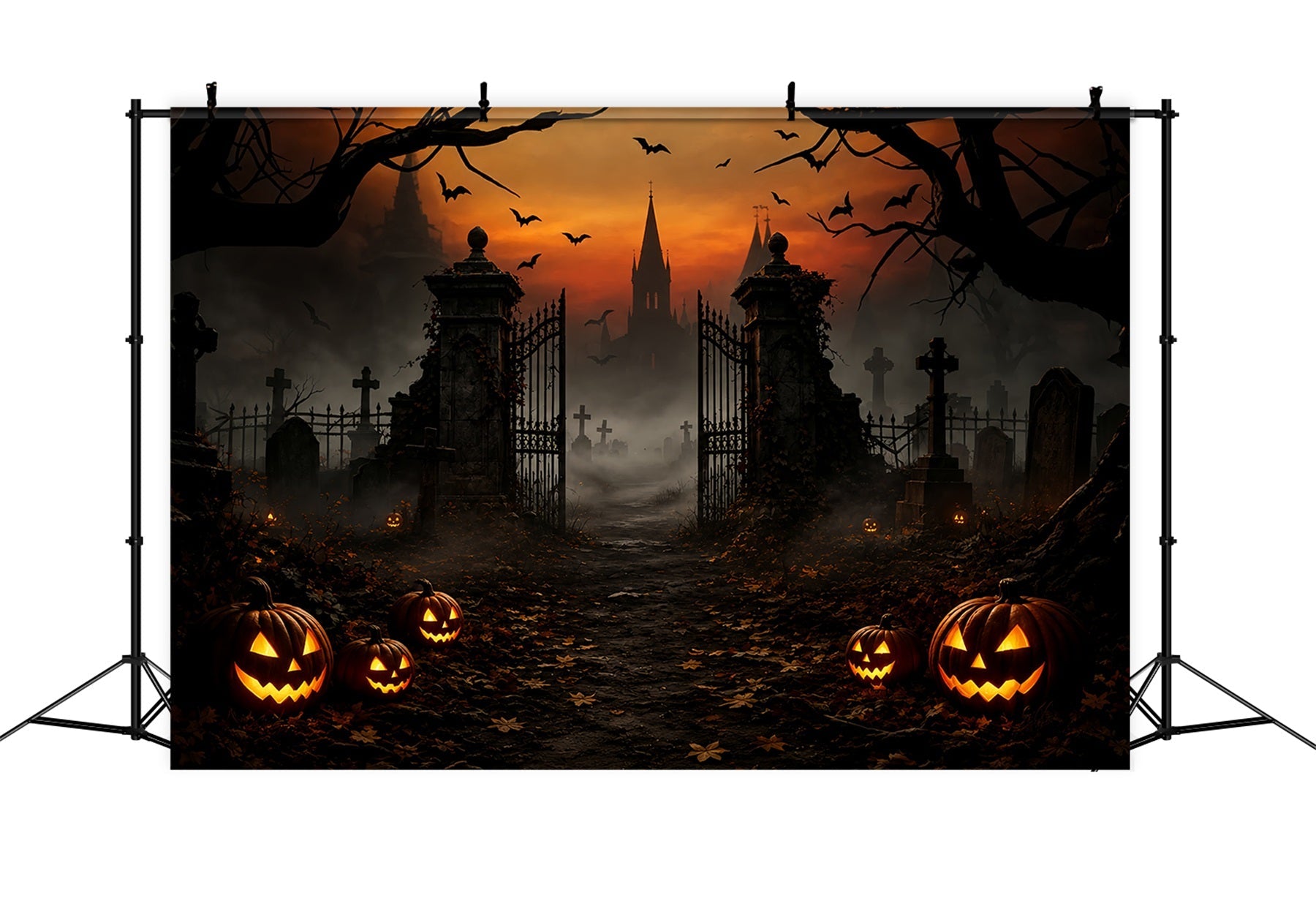 Halloween House Backdrop Foggy Pumpkin Cemetery Gateway Halloween Cemetery Backdrop UK ZTT67-47