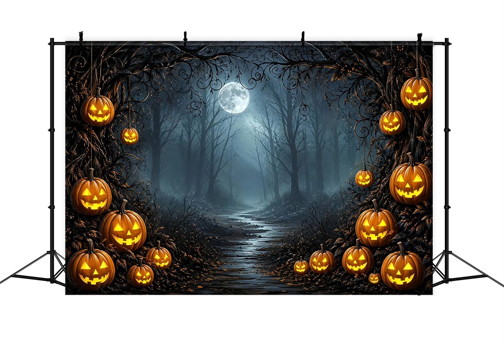 Starry Night Halloween Backdrop Moonlit Pumpkin Forest Path Halloween Party Backdrop Ideas UK ZTT67-51