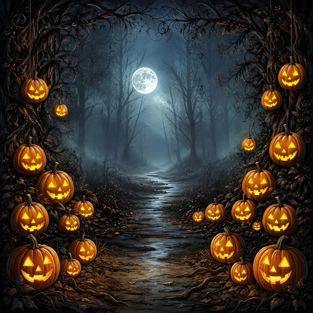 Starry Night Halloween Backdrop Moonlit Pumpkin Forest Path Halloween Party Backdrop Ideas UK ZTT67-51
