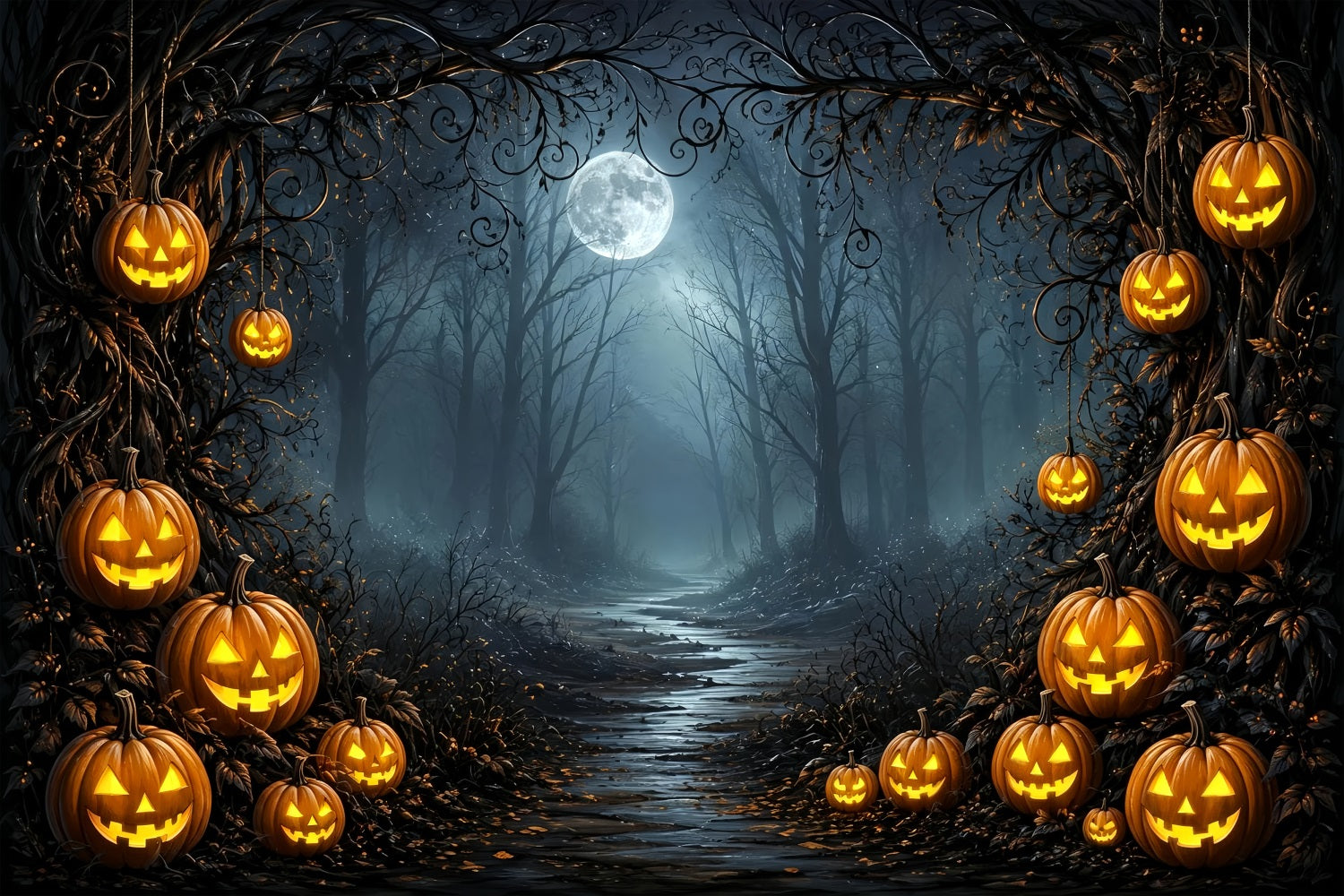 Starry Night Halloween Backdrop Moonlit Pumpkin Forest Path Halloween Party Backdrop Ideas UK ZTT67-51
