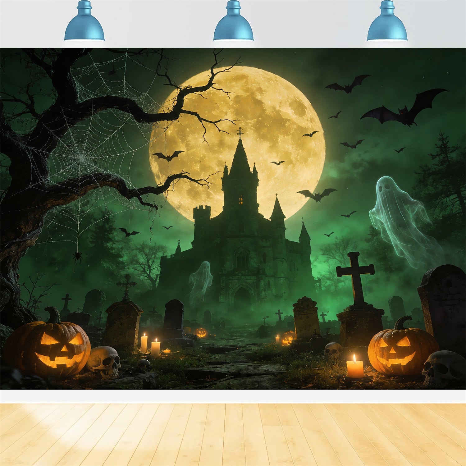 Ghost Spider Backdrop Ghostly Castle Graveyard Moon Halloween Backdrops For Pictures UK ZTT67-52