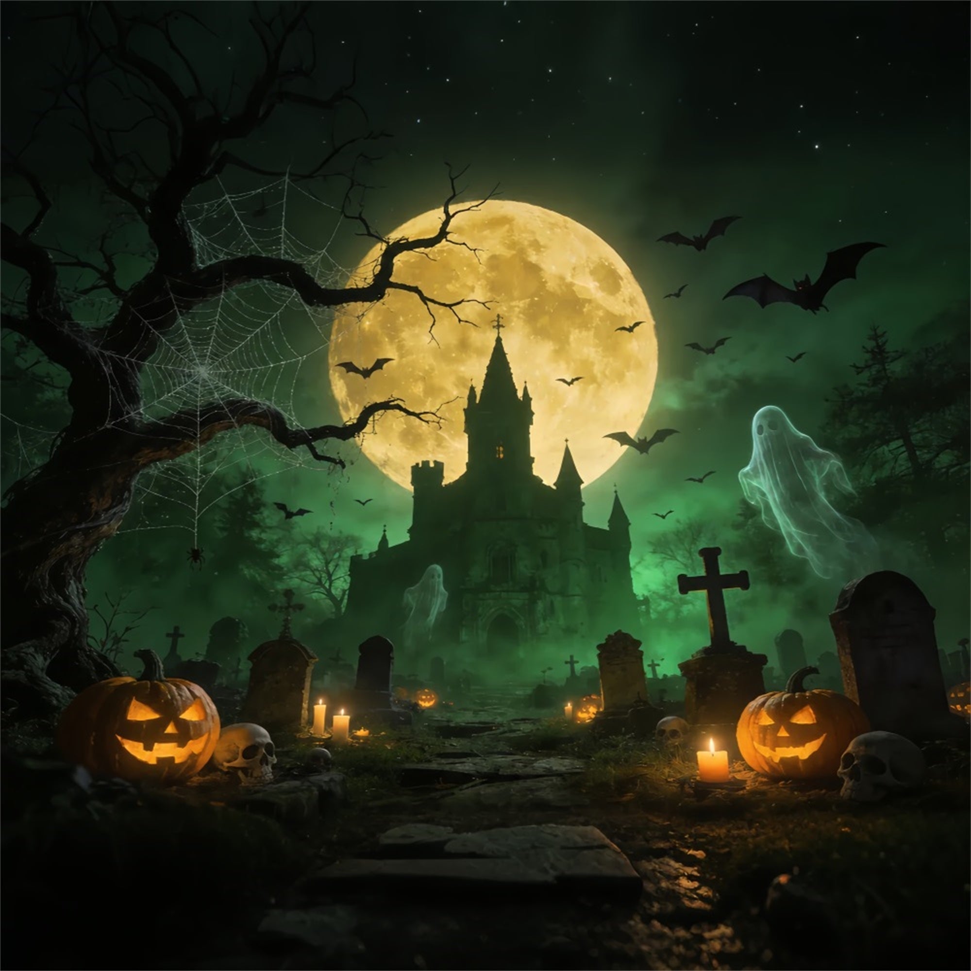 Ghost Spider Backdrop Ghostly Castle Graveyard Moon Halloween Backdrops For Pictures UK ZTT67-52