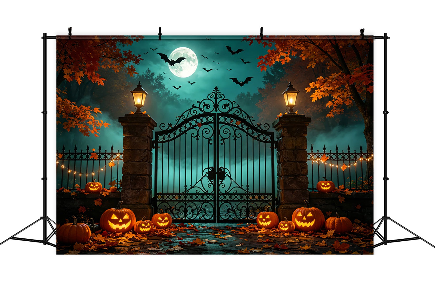 Halloween Backdrop With Pumpkins And Bats Autumn Iron Gateway Diy Halloween Photo Booth Backdrop UK ZTT67-53