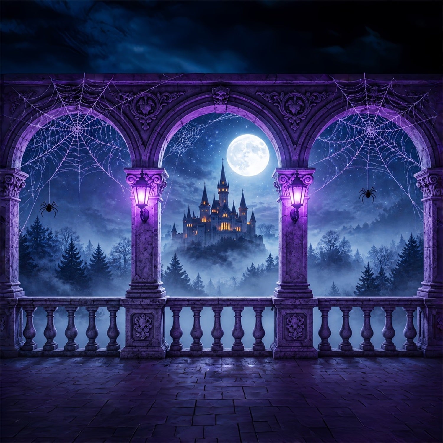 Backdrop Spider Purple Cobweb Castle Balcony Halloween Backdrop Photography UK ZTT67-54