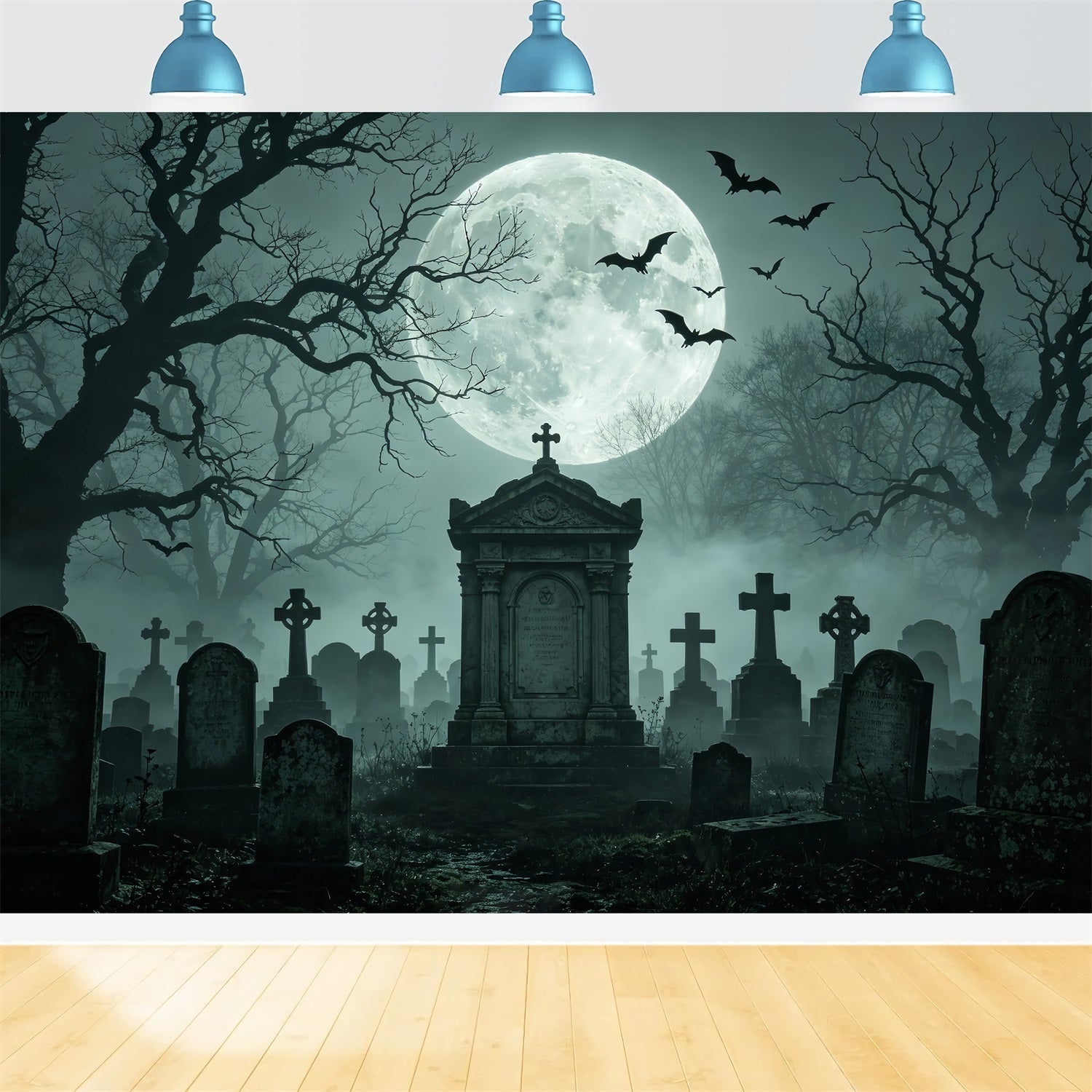Halloween Backdrop Balloon Moonlit Foggy Graveyard Monument Halloween Cloth Backdrop UK ZTT67-56