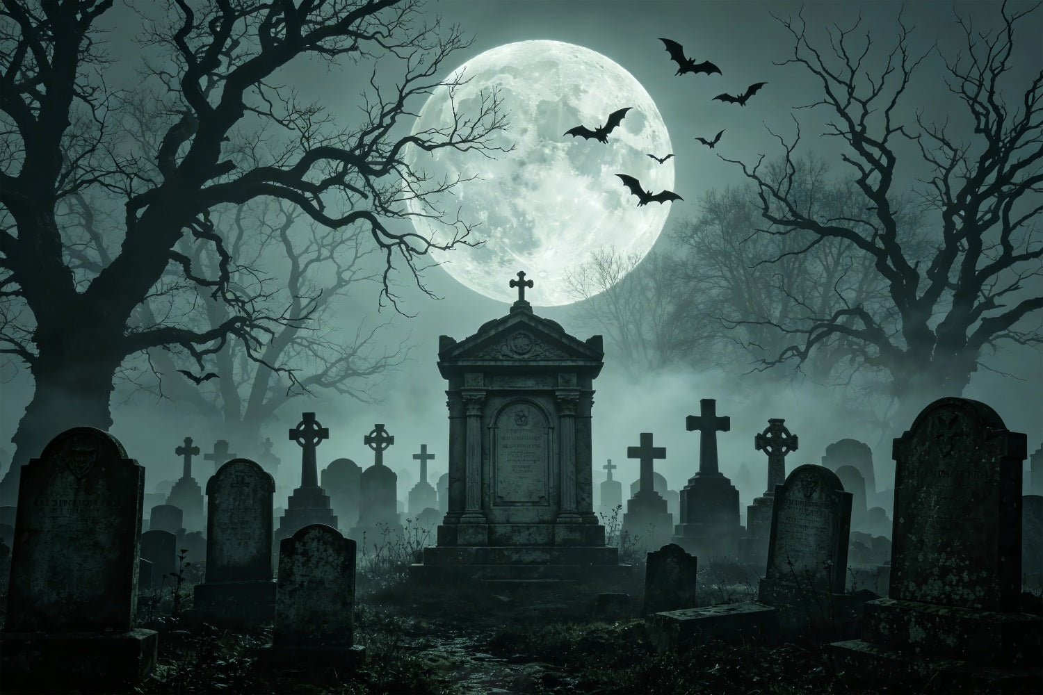 Halloween Backdrop Balloon Moonlit Foggy Graveyard Monument Halloween Cloth Backdrop UK ZTT67-56