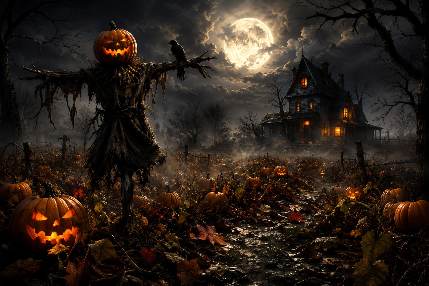 Pumpkin Patch Back Drop Moonlit Scarecrow Farmhouse Halloween Backdrop Ideas Diy UK ZTT67-58
