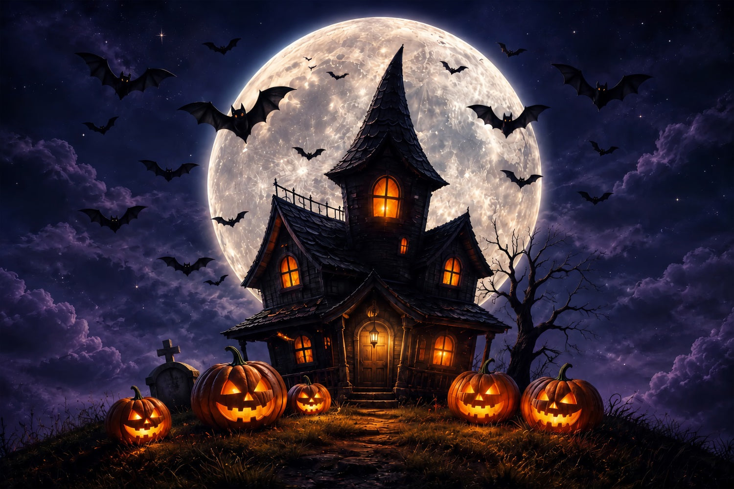 Witches Lair Backdrop Moonlit Pumpkin Haunted Cottage Halloween Scene Backdrop UK ZTT67-60