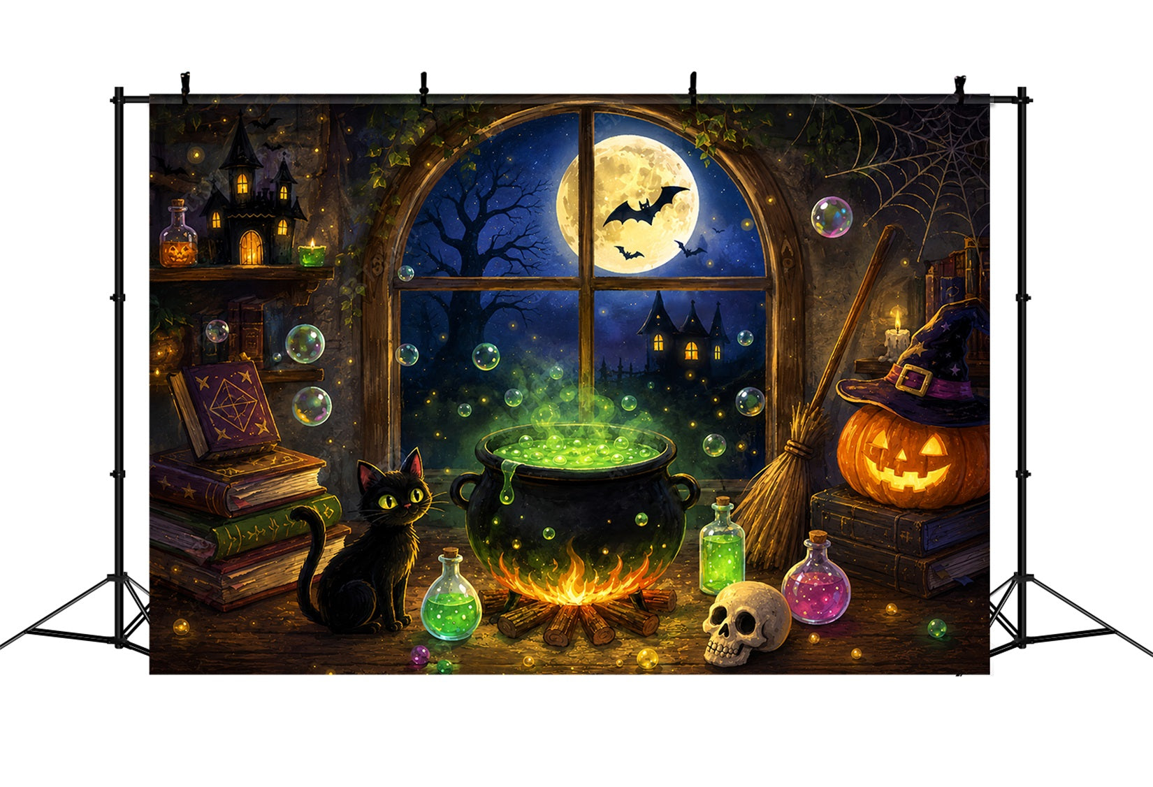 Witches Kitchen Backdrop Moonlit Witch Cauldron Cottage Simple Halloween Backdrop UK ZTT67-62
