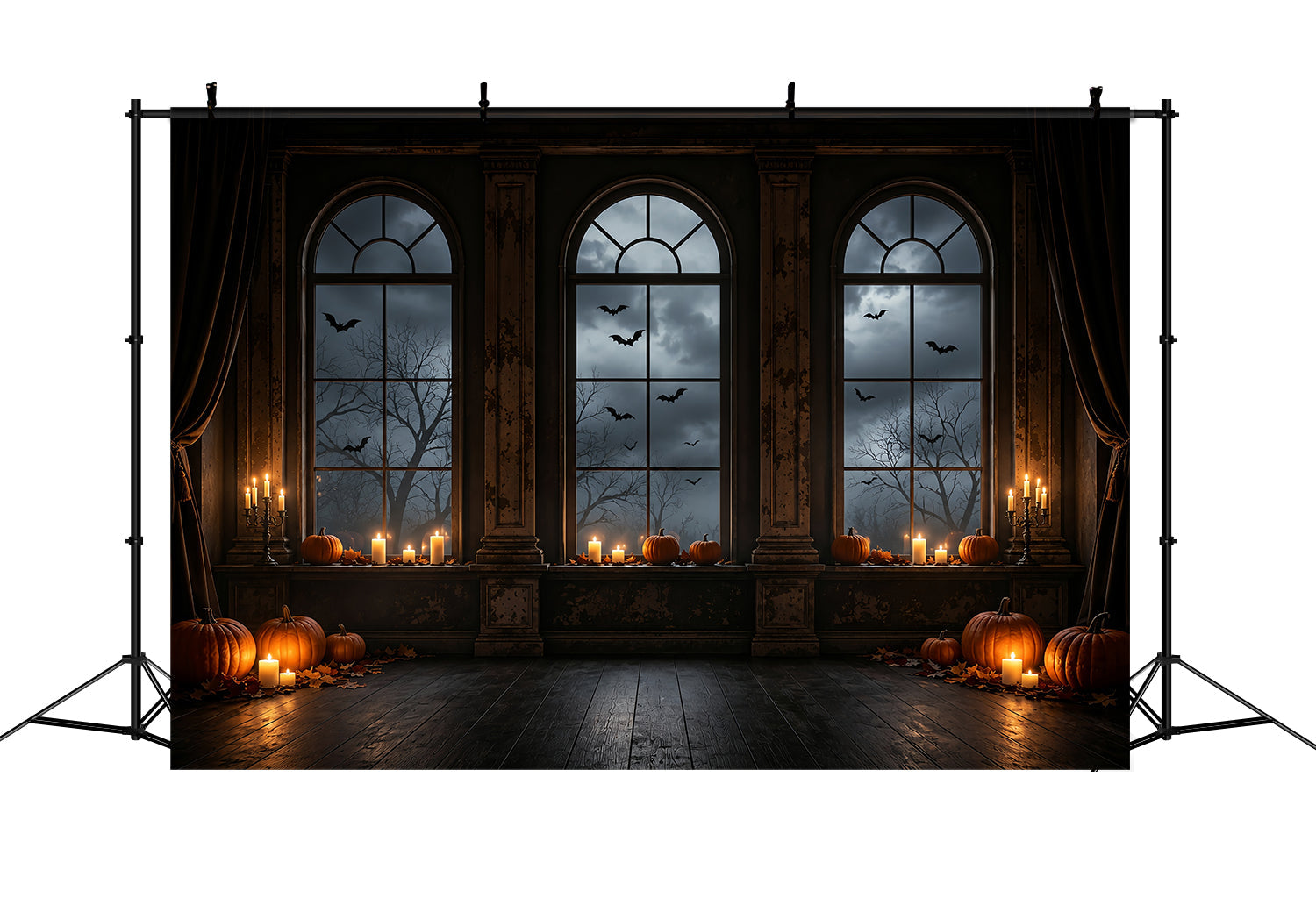 Batcave Backdrop Candlelit Pumpkin Arched Windows Halloween Backdrop Photos UK ZTT67-63