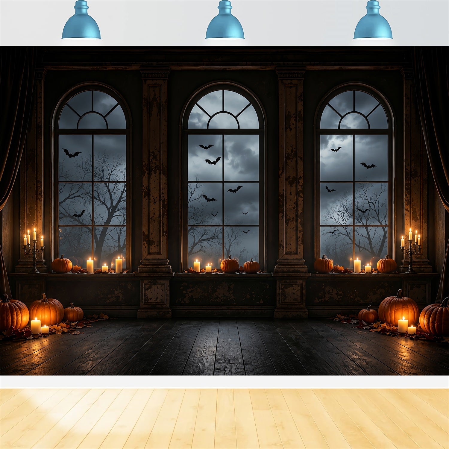 Batcave Backdrop Candlelit Pumpkin Arched Windows Halloween Backdrop Photos UK ZTT67-63