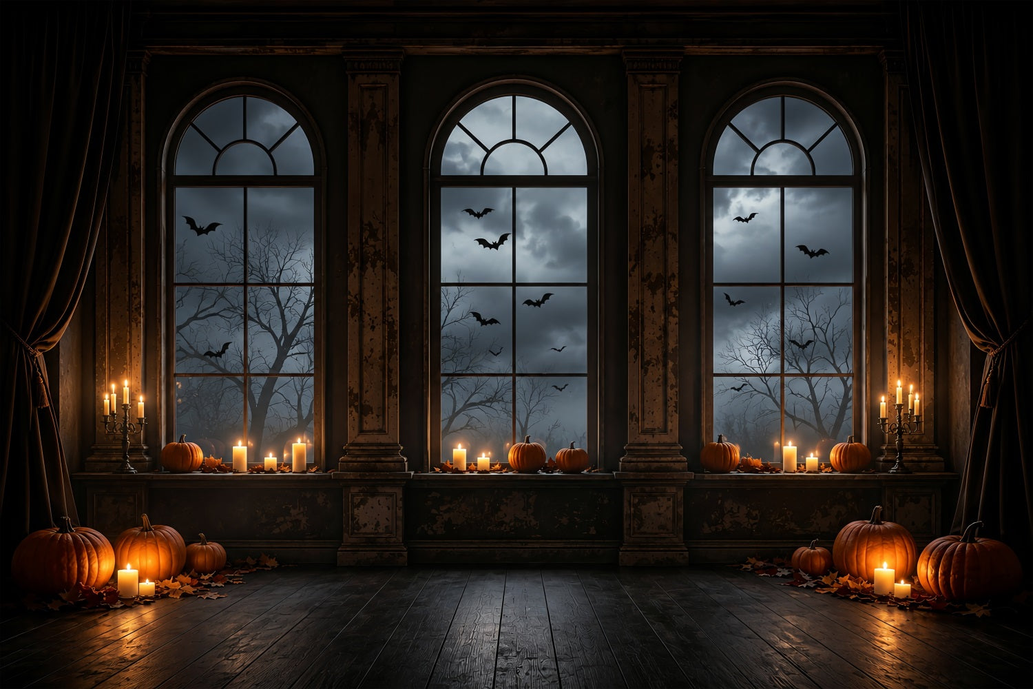 Batcave Backdrop Candlelit Pumpkin Arched Windows Halloween Backdrop Photos UK ZTT67-63