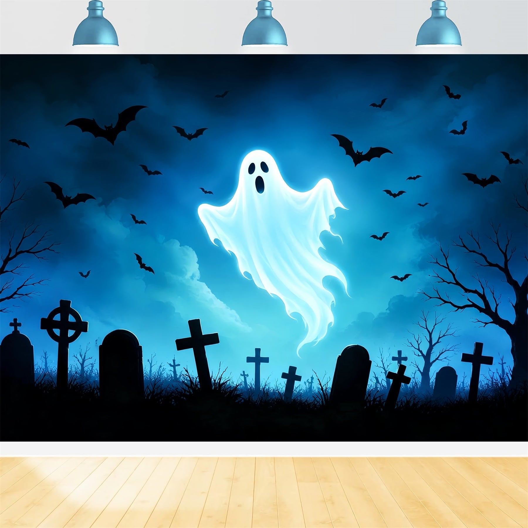 Ghost Stained Glass Backdrop Glowing Ghost Bat Graveyard Cool Halloween Backdrops UK ZTT67-66