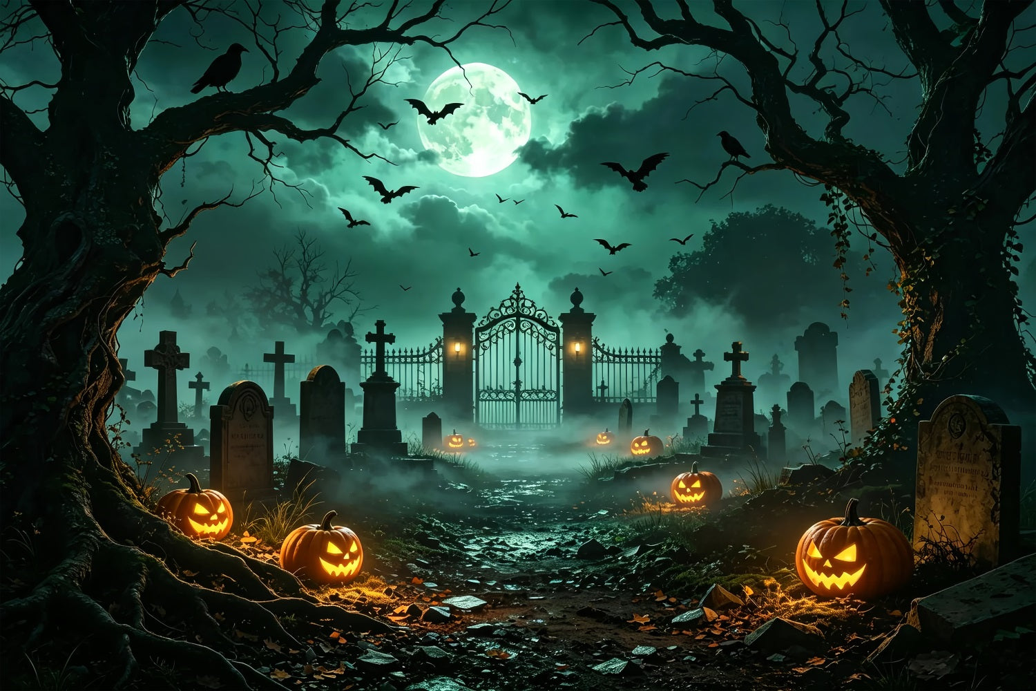 Dog Halloween Backdrop Moonlit Pumpkin Cemetery Gate Easter Tomb Backdrop UK ZTT67-67