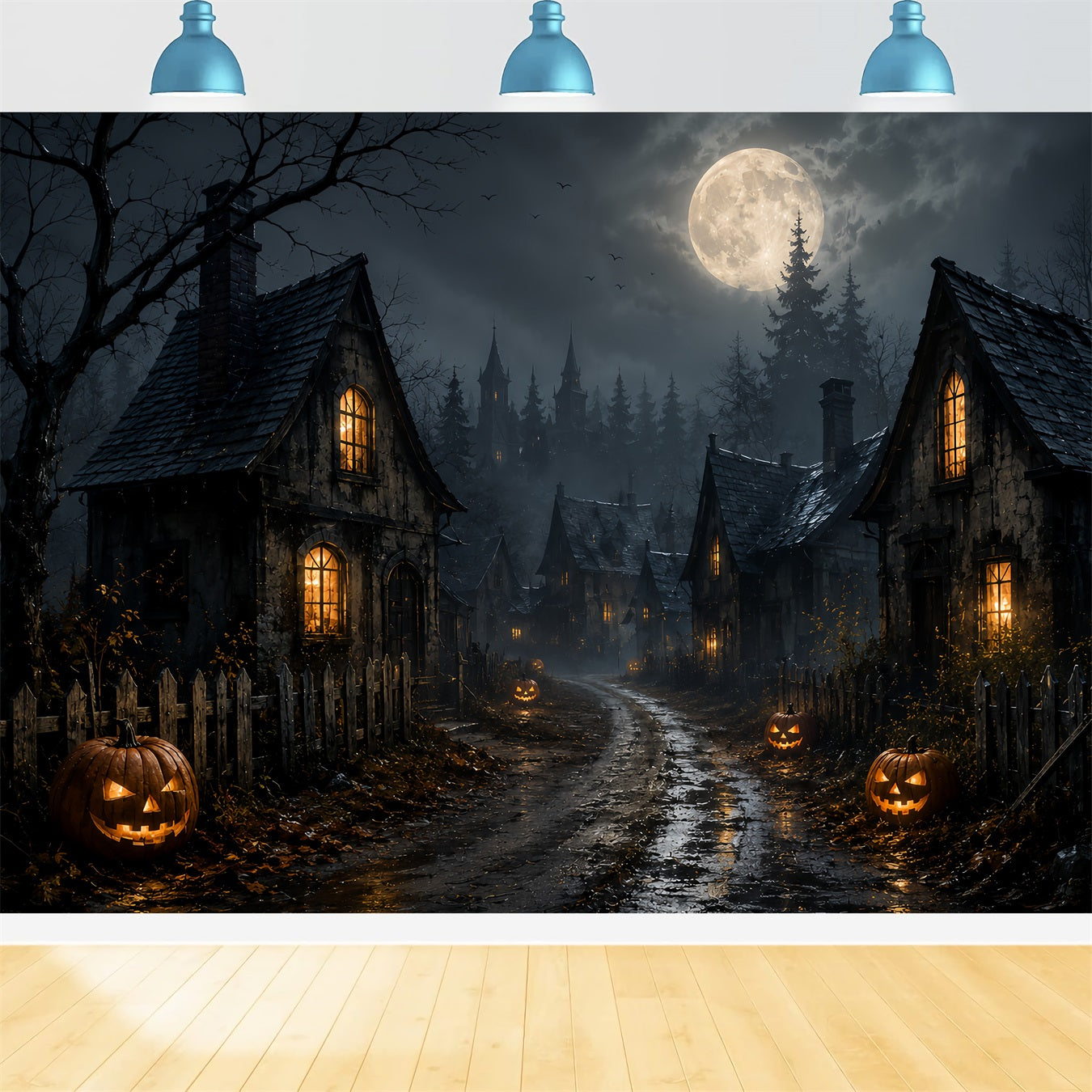 Backdrop Ghost Stained Glass Moonlit Pumpkin Village Road Lemax Spooky Town Backdrop UK ZTT67-70