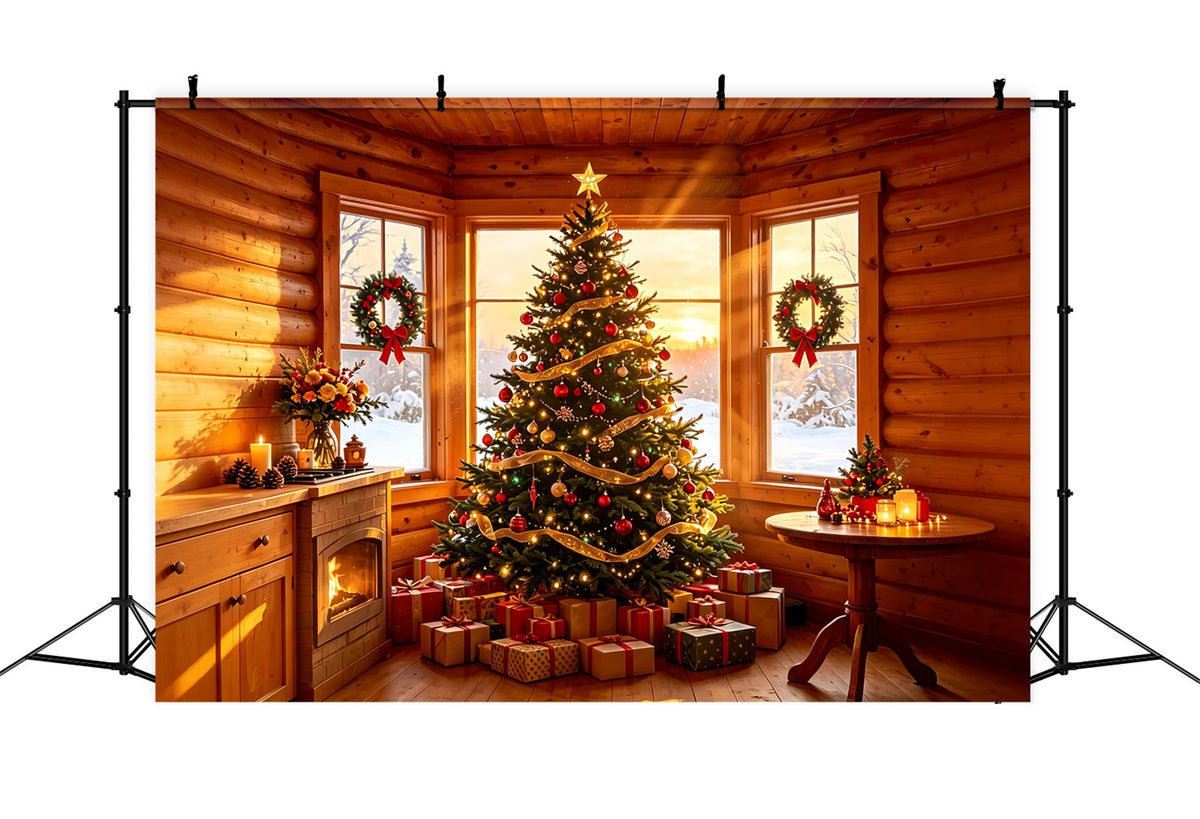 Rustic Christmas Backdrop Cozy Cabin Tree Glow Studio Christmas BackdropsUK ZTT69-1