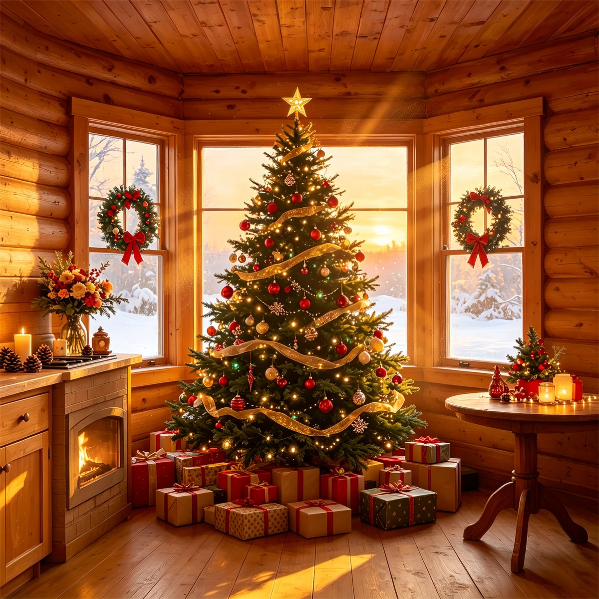 Rustic Christmas Backdrop Cozy Cabin Tree Glow Studio Christmas BackdropsUK ZTT69-1