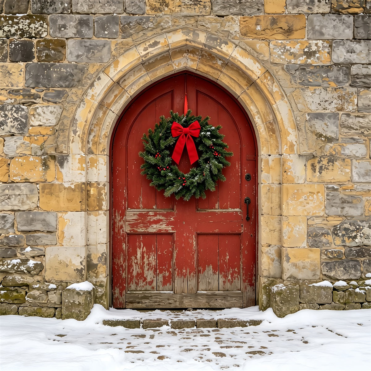 Church Christmas Backdrop Rustic Stone Arch Door Photographic Backdrops ChristmasUK ZTT69-10