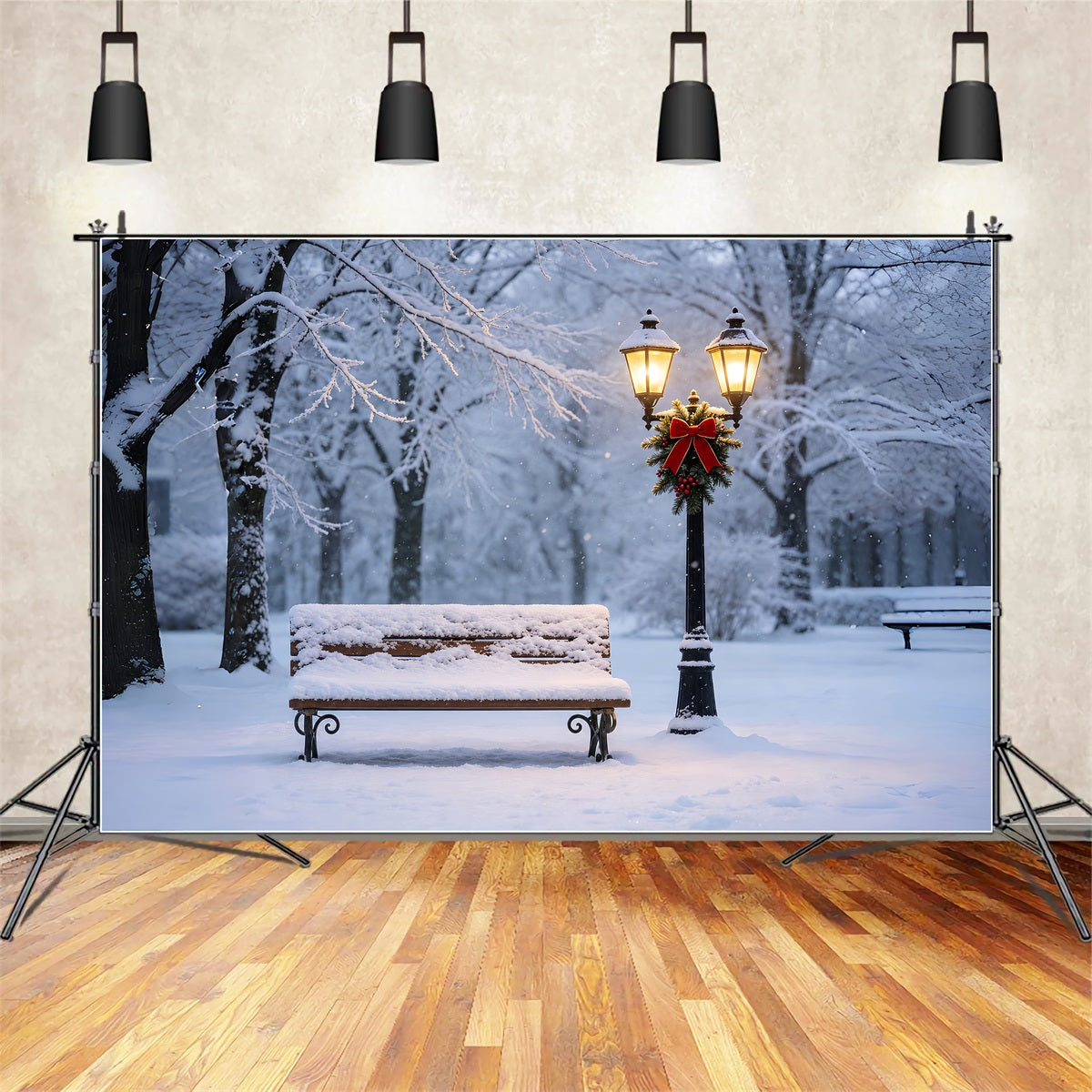 Christmas Snow Backdrop Snowy Bench Lantern Glow Christmas Muslin BackdropsUK ZTT69-11