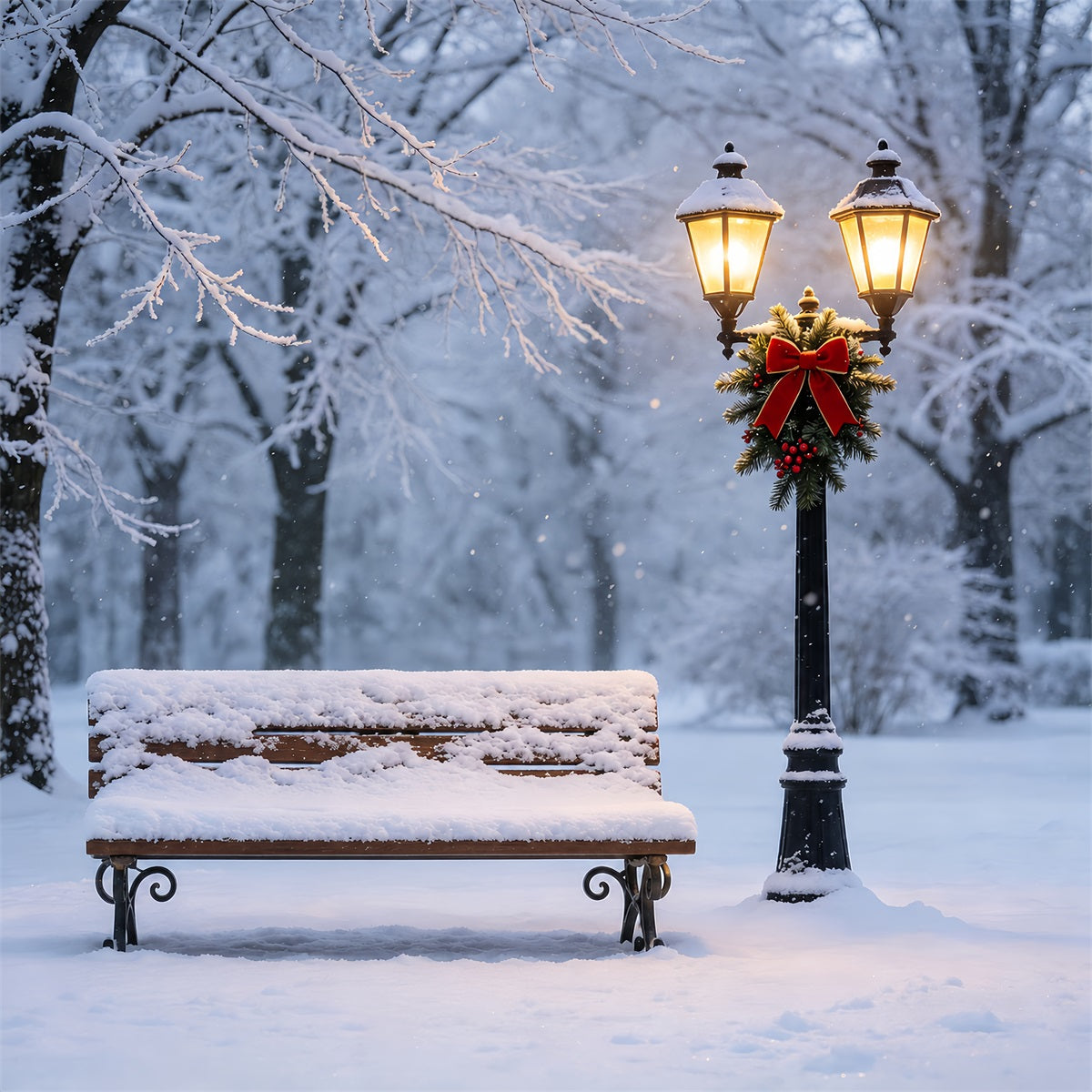 Christmas Snow Backdrop Snowy Bench Lantern Glow Christmas Muslin BackdropsUK ZTT69-11