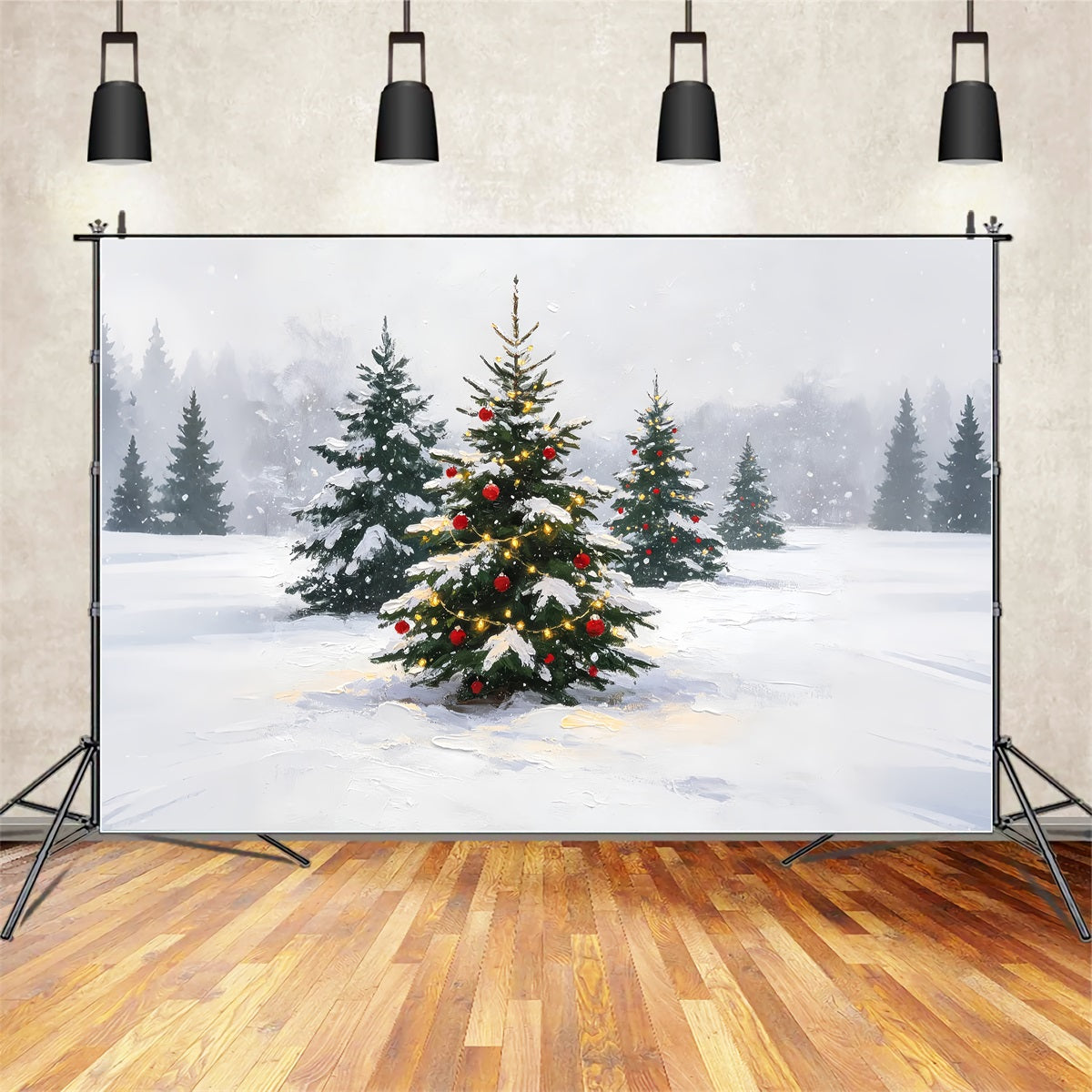Winter Christmas Backdrop Snowy Painted Pine Grove Christmas BackdropUK ZTT69-12