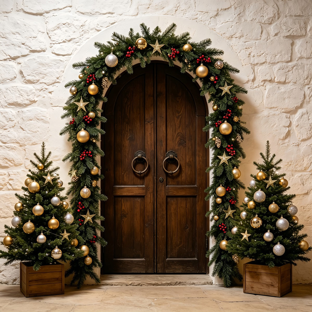 Simple Christmas Backdrop Stone Arch Garland Entrance Christmas Photo BackdropUK ZTT69-14