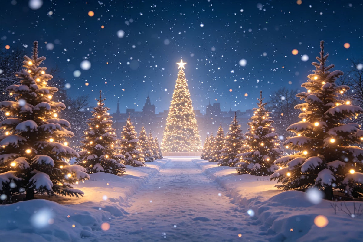 Christmas Tree Backdrop Snowy Forest Light Path Christmas Photo BackdropsUK ZTT69-15