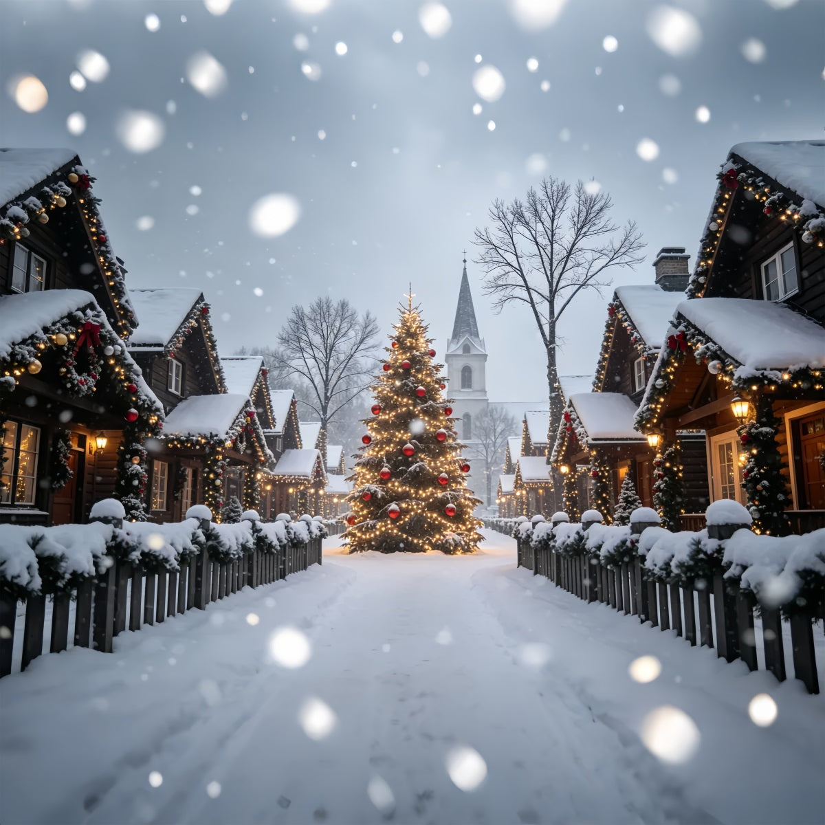 Christmas Village Backdrop Snowy House Tree Street Christmas Photography BackdropsUK ZTT69-19