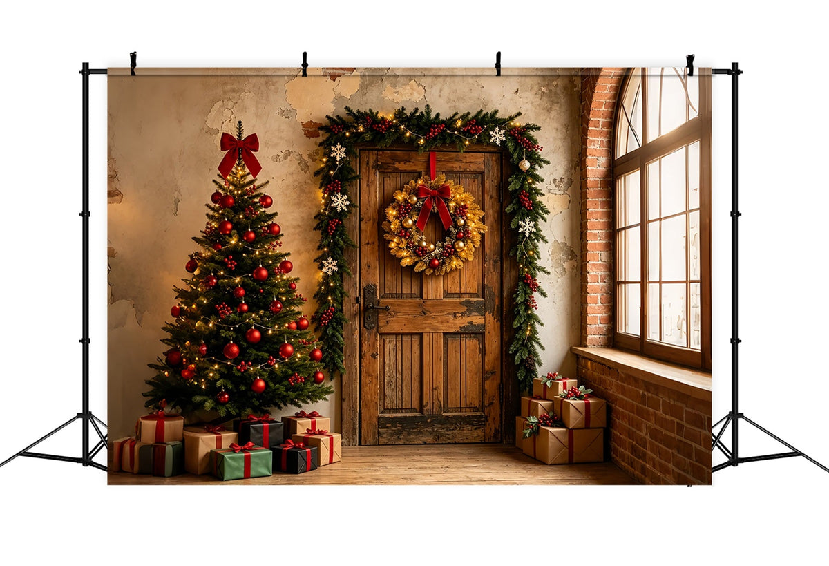Christmas Backdrop Rustic Door Wreath Entry Wall Christmas BackdropUK ZTT69-2