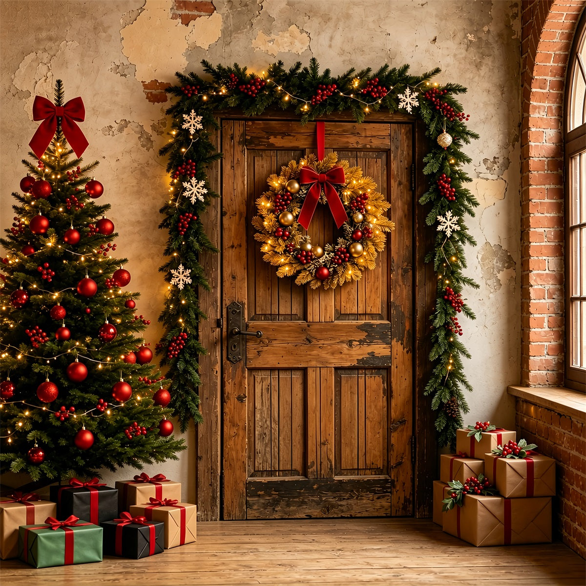 Christmas Backdrop Rustic Door Wreath Entry Wall Christmas BackdropUK ZTT69-2
