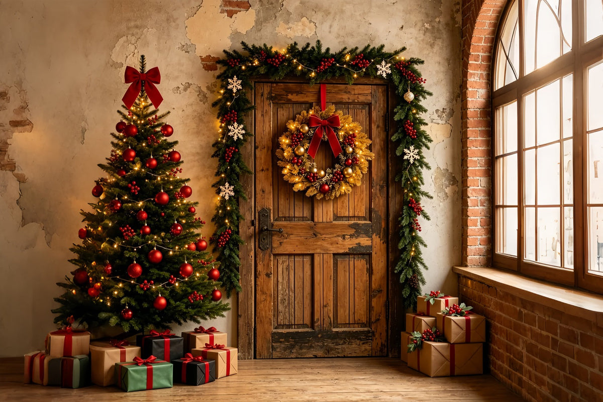 Christmas Backdrop Rustic Door Wreath Entry Wall Christmas BackdropUK ZTT69-2