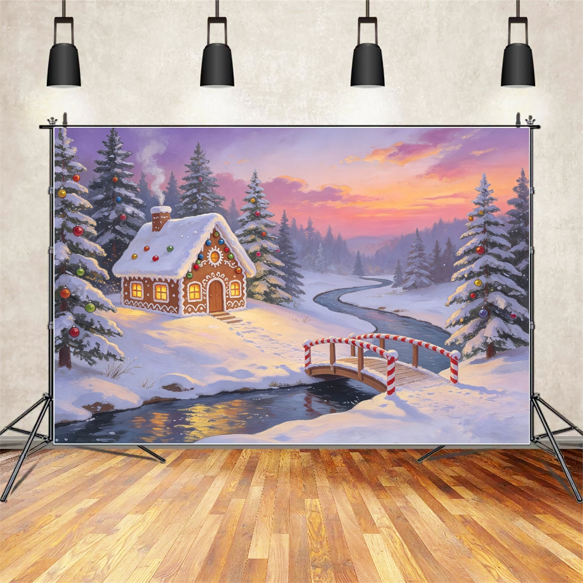 Christmas Forest Backdrop Gingerbread Bridge River Large Christmas BackdropsUK ZTT69-21