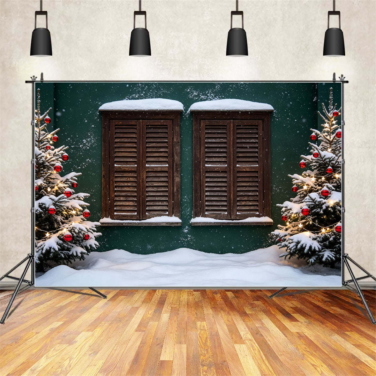 Country Christmas Backdrop Snowy Window Shutters Backdrops ChristmasUK ZTT69-25