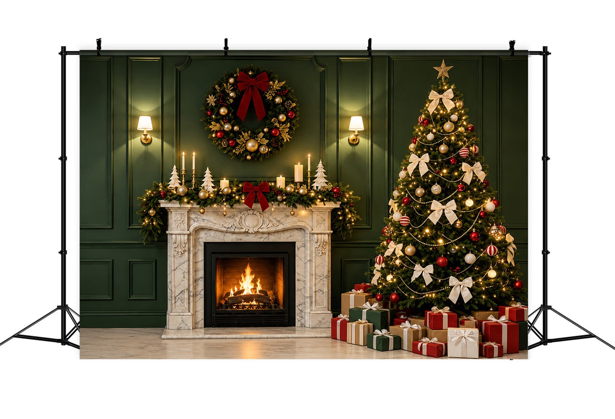 Green Christmas Backdrop Green Fireplace Tree Decor Photo Backdrops ChristmasUK ZTT69-28