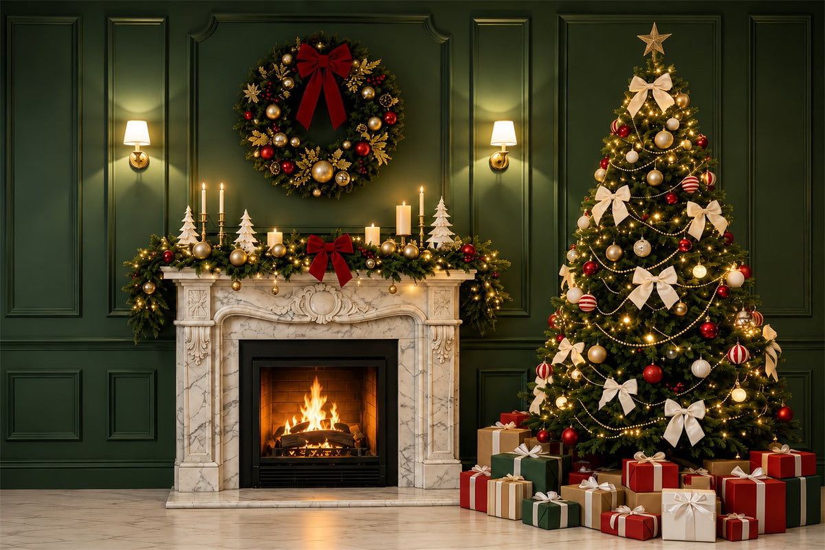Green Christmas Backdrop Green Fireplace Tree Decor Photo Backdrops ChristmasUK ZTT69-28