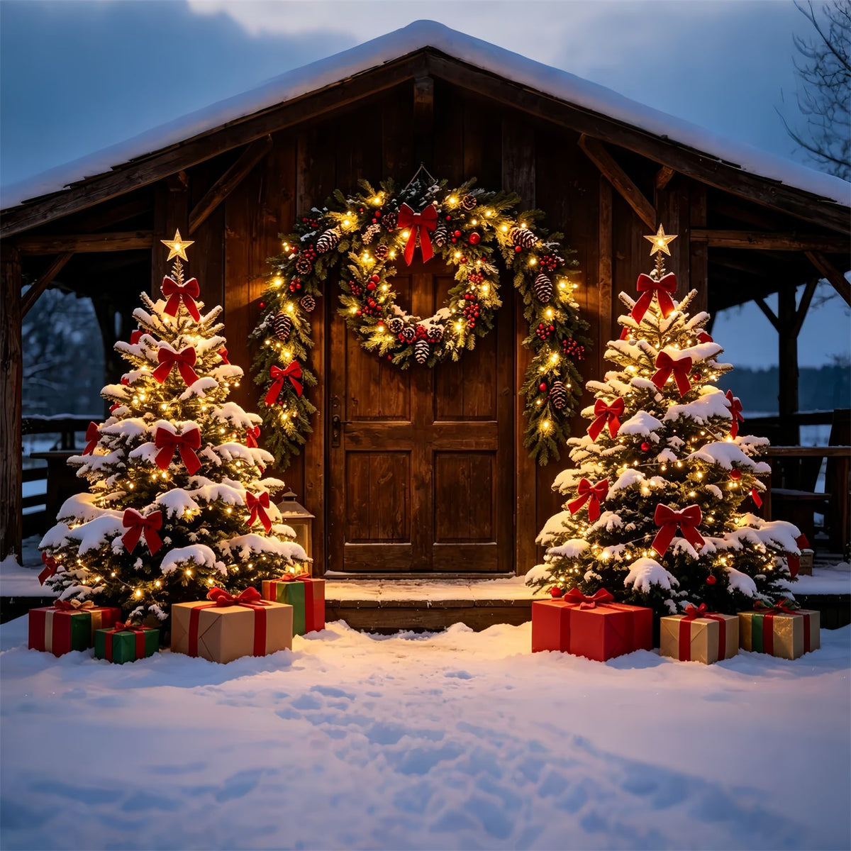 Christmas Barn Door Backdrop Rustic Snowy Cabin Entrance Photography Backdrop ChristmasUK ZTT69-31