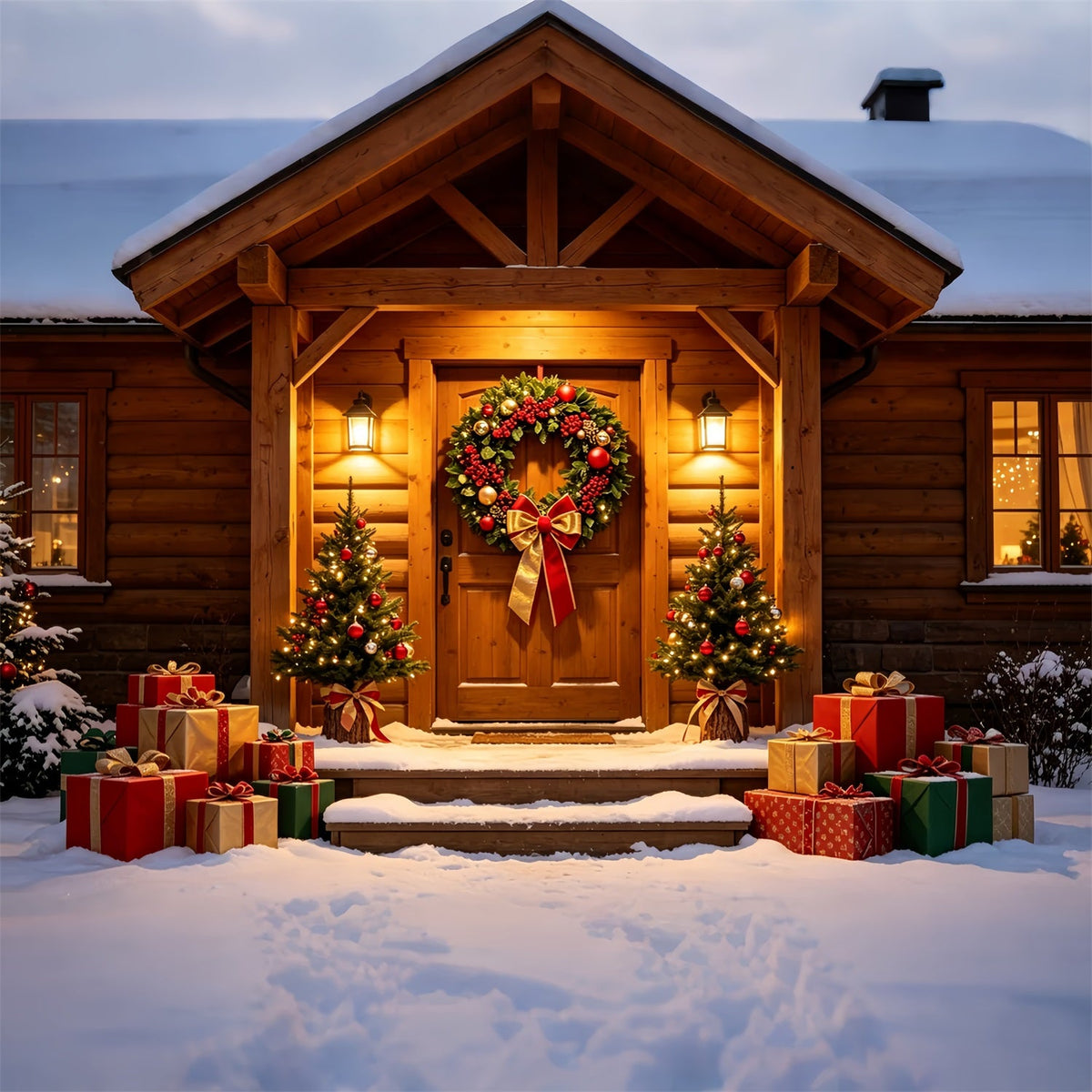 Country Christmas Backdrop Woodland Cabin Door Wreath Studio Backdrops ChristmasUK ZTT69-33