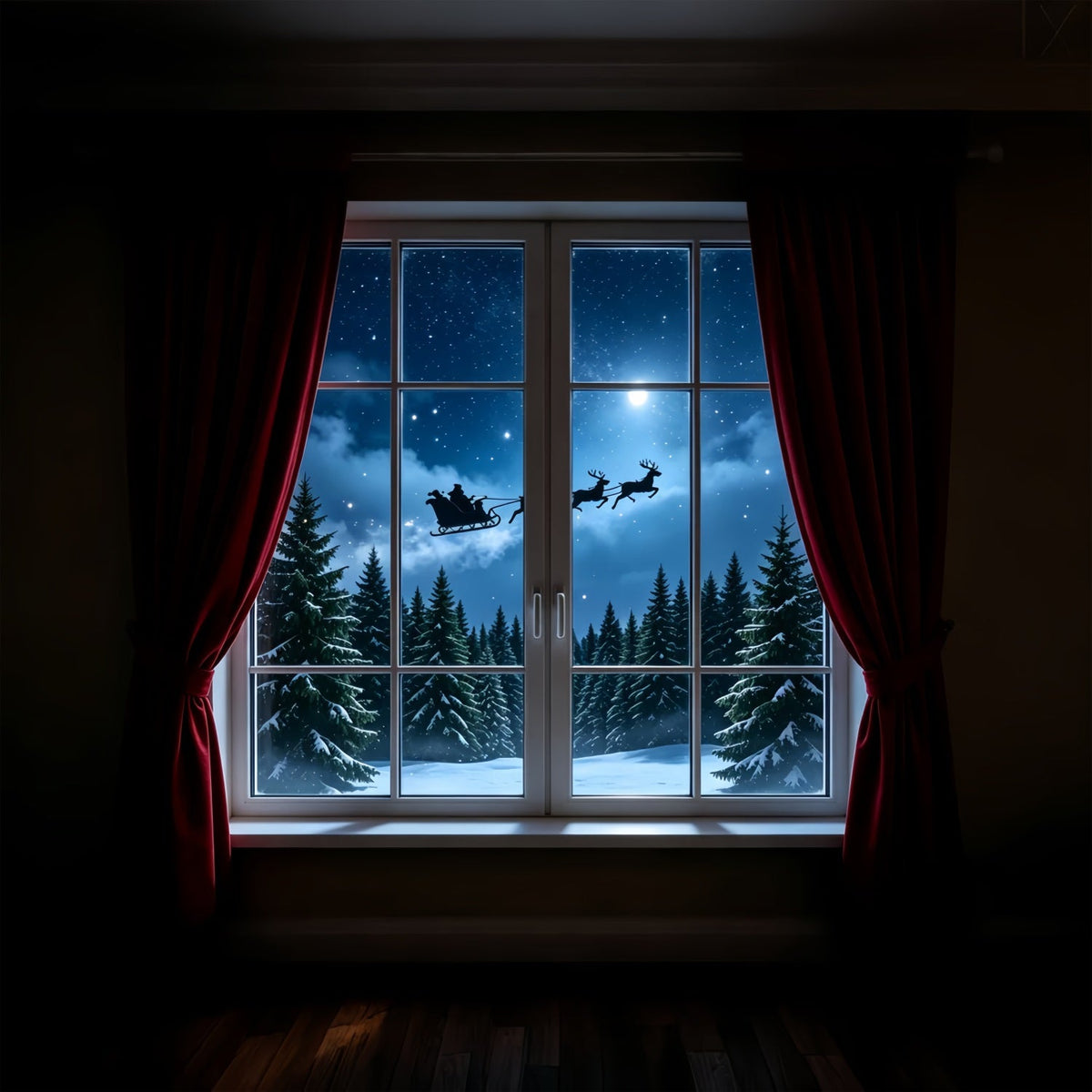 Christmas Night Backdrop Moonlit Reindeer Window Photo Christmas BackdropUK ZTT69-34